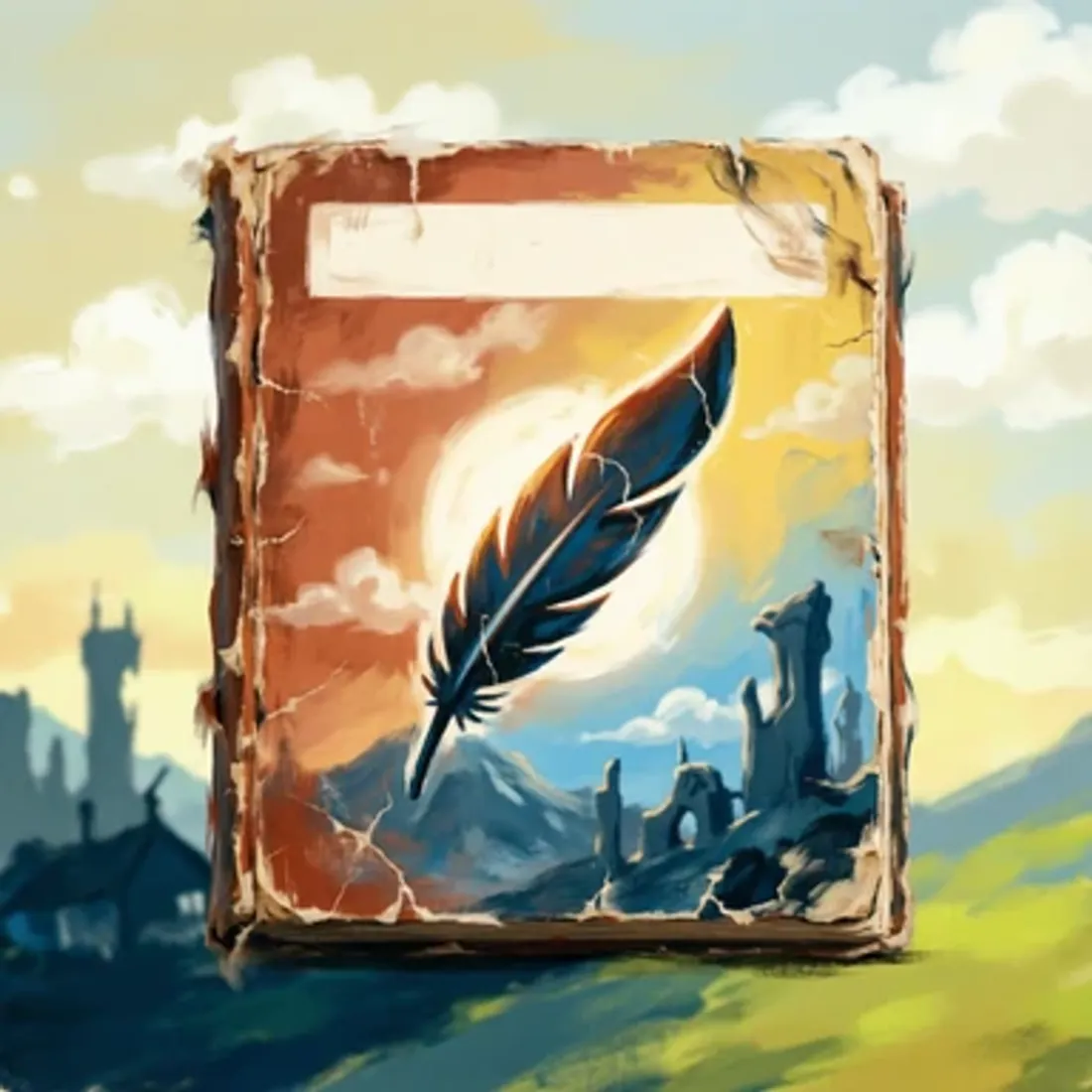 A battered paperback with a cracked spine, a blank title bar and a feather quill across a faded sunset